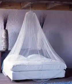 A bed with a mosquito net