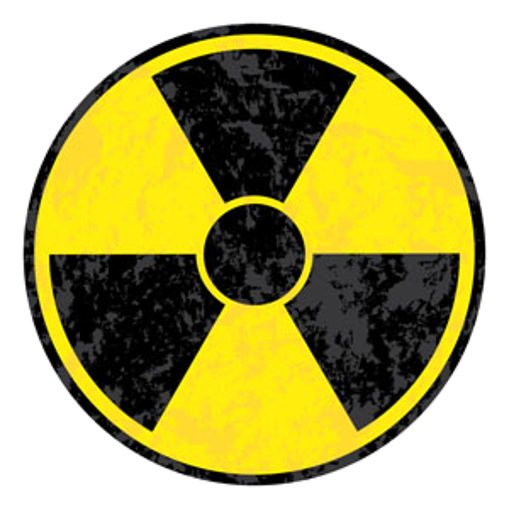 The current Radiation symbol, a black trefoil on a yellow background.