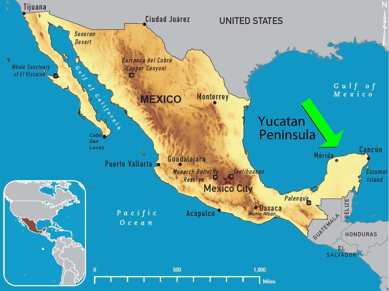 Yucatan Peninsula, where the crater is for the extinction of the dinosaurs.