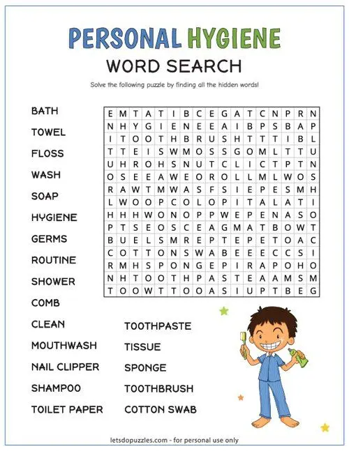 Personal hygiene wordsearch