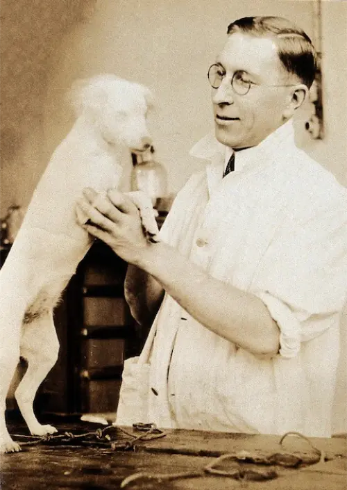 Banting with one of the dogs he worked on