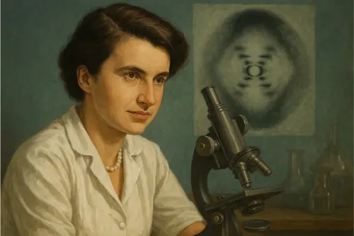 Artist's picture of Franklin and the DNA picture in the background